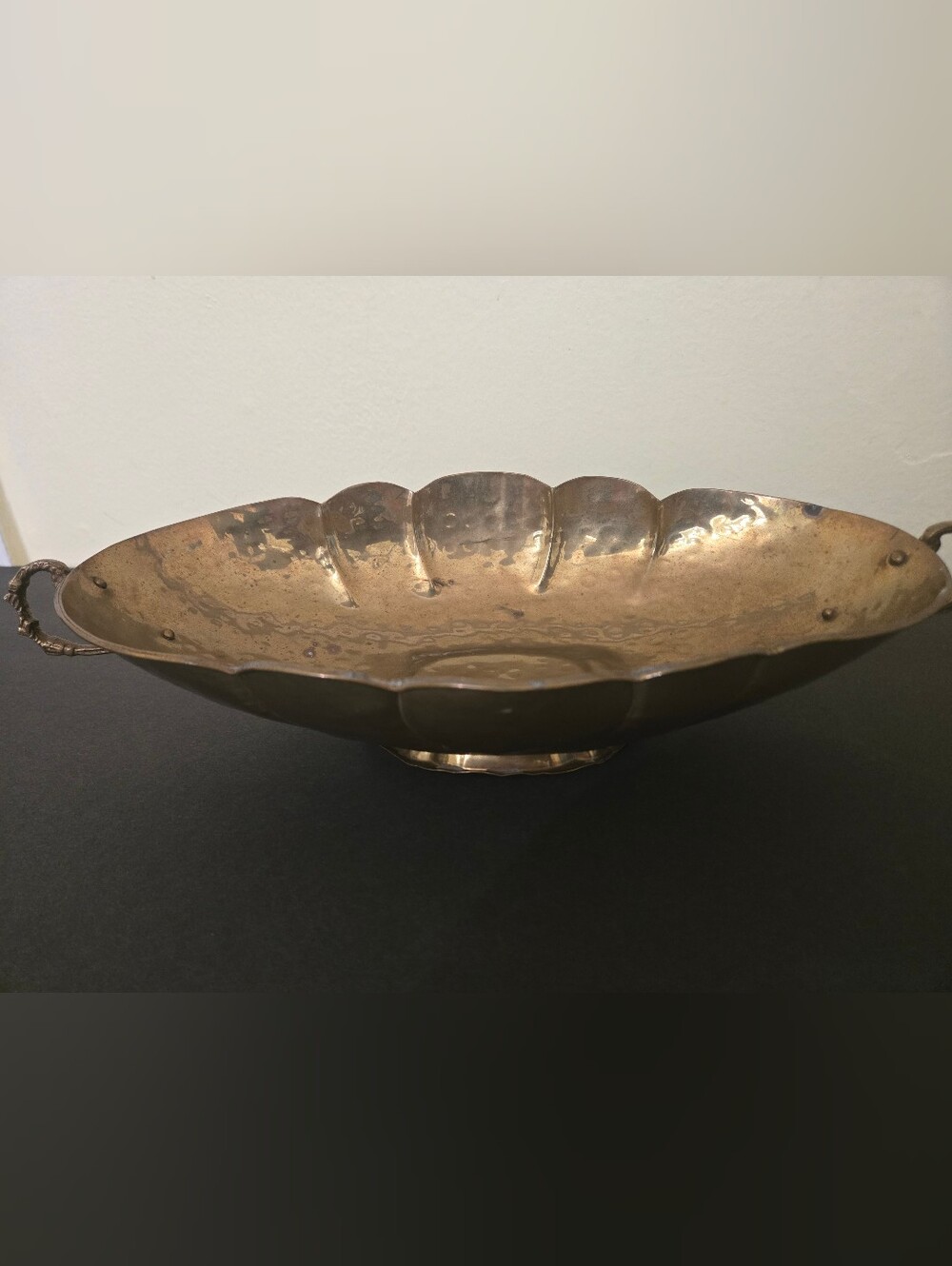 Vintage Scalloped Oval Brass Footed Centerpiece Bowl with Handles - Picture 3 of 13